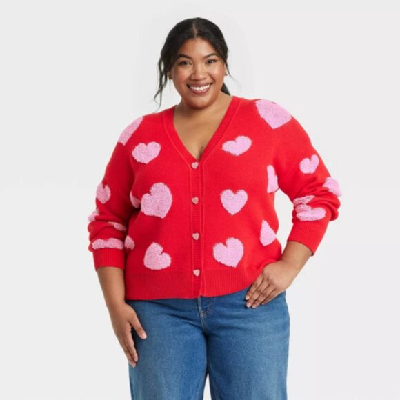 33 Degrees Women Small Red Valentine's Day Pink Hearts Graphic Cardigan Sweater - Picture 4 of 12